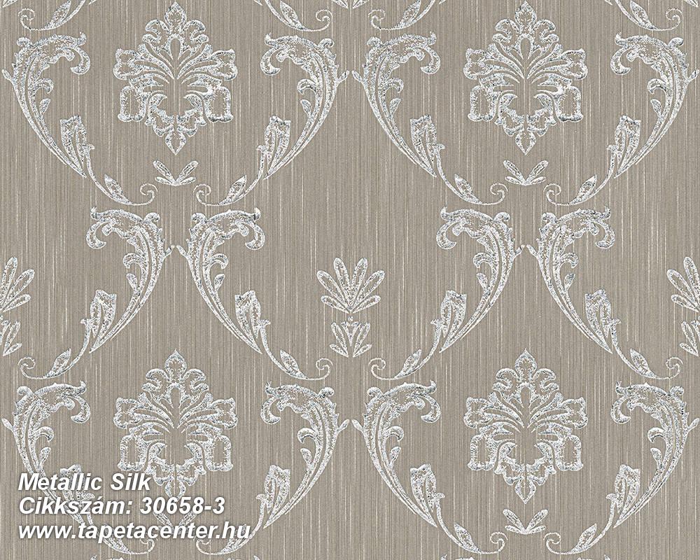 Barokk-klasszikus,csillámos,különleges felületű,különleges motívumos,valódi textil,barna,ezüst,vlies tapéta 